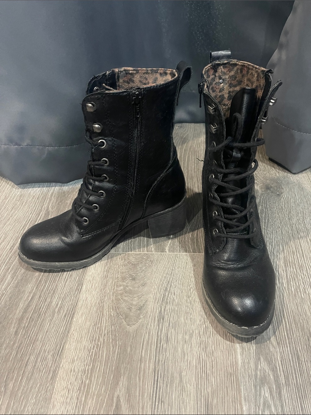 Sun and Stone Black Lace-Up Women's Combat Boots with Leopard Lining